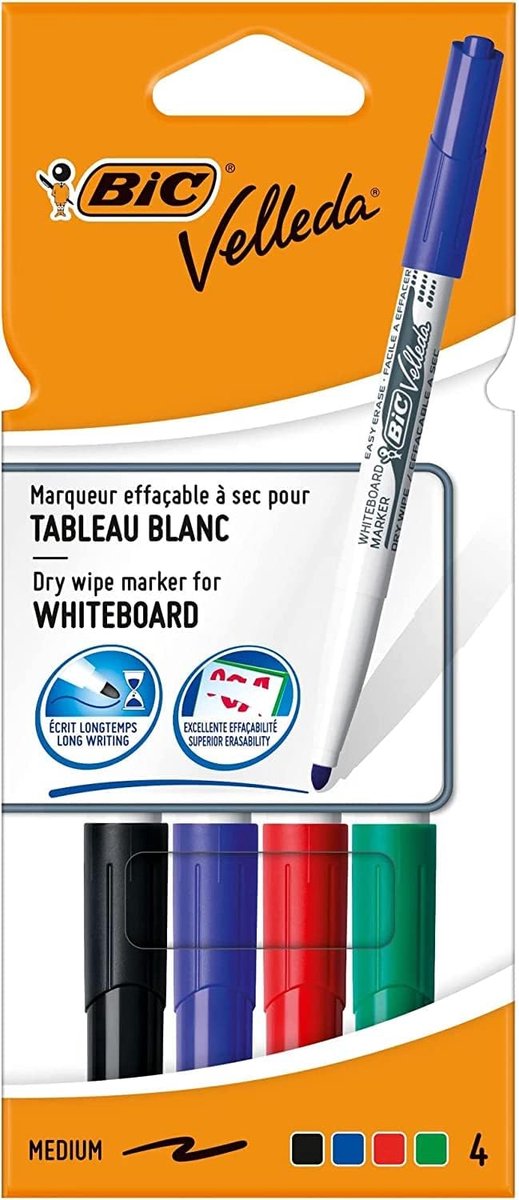SnelShoppen - Velleda Whiteboard Marker 4 Stuks - Droog Uitwisbaar, Ronde Punt, Lijndikte 1,4 mm, Geschikt voor Klaslokaal en Kantoor, Multi-Color Mar