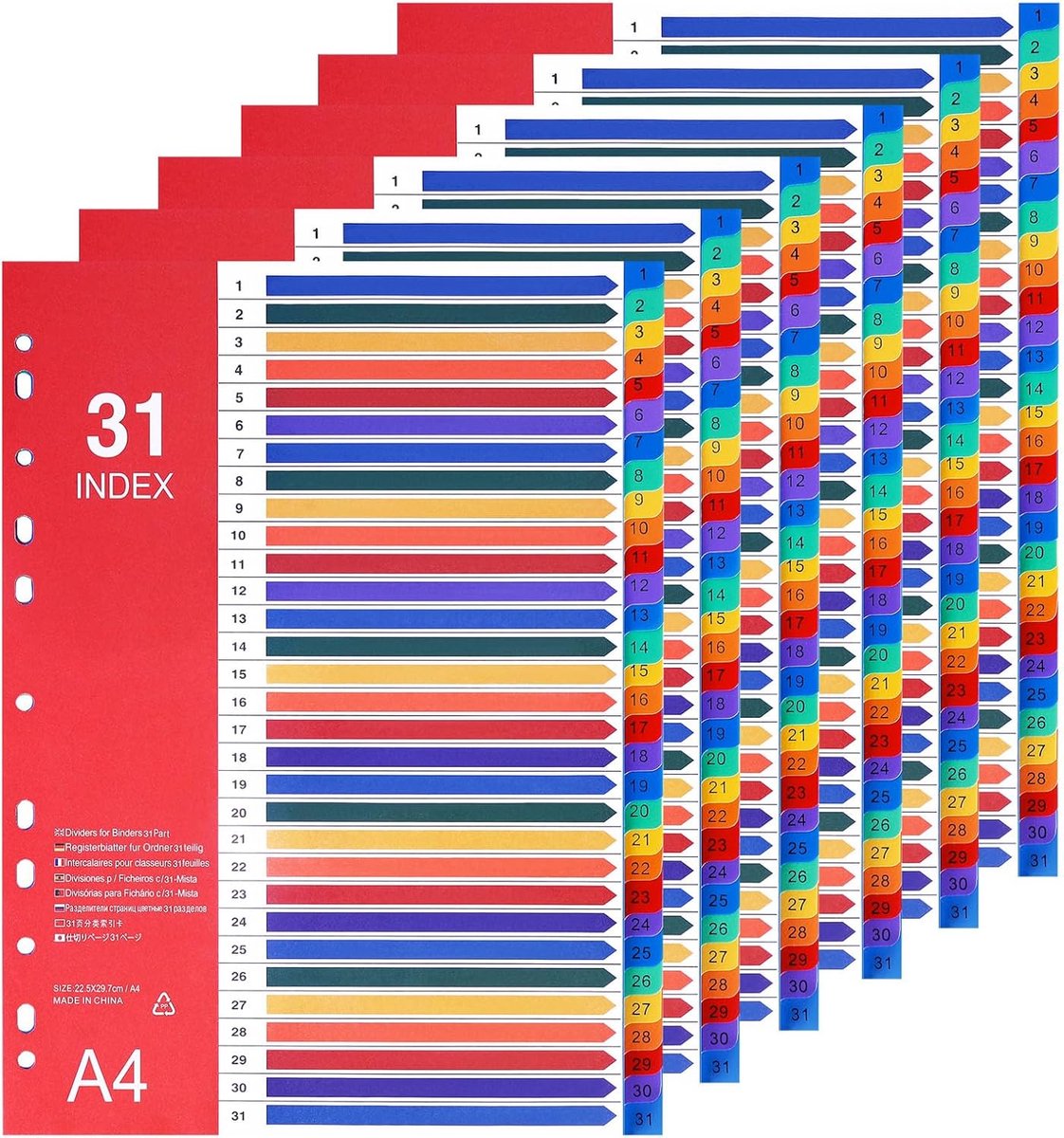 Thijox - File Dividers A4 1-31 (6 Pack) Meerkleurige Kunststof Bindmiddelverdelers voor Kantoor en School met Geperforeerde 11-Holes voor Ringmappen,