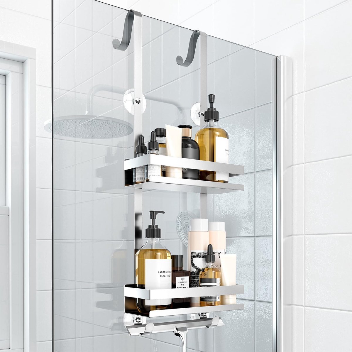 SnelShoppen - Shower Shelf zonder boren, Badkamer Organizer, RVS Doucheplank, Hangende Shampoohouder voor Glas Douchedeuren, 18kg Capaciteit met 2 Hak