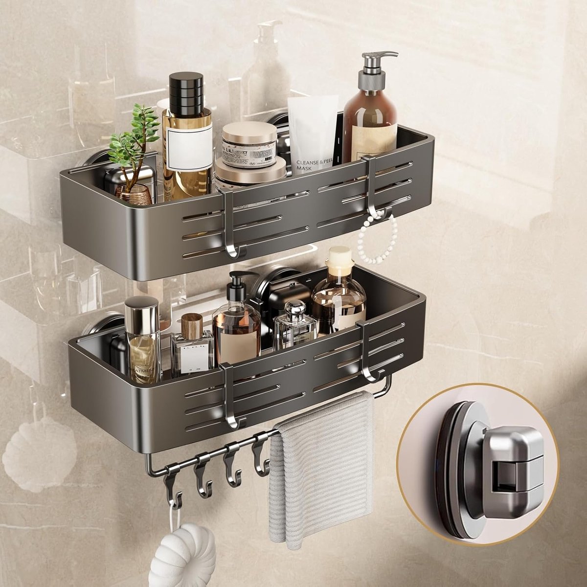 Thijox - Badkamer Rek Zuigschotel Doucherek Zonder Boren - 2 Stuks Grijs - Space Aluminium Wandmontage Badkamer Organizer met Haken en Handdoekstang