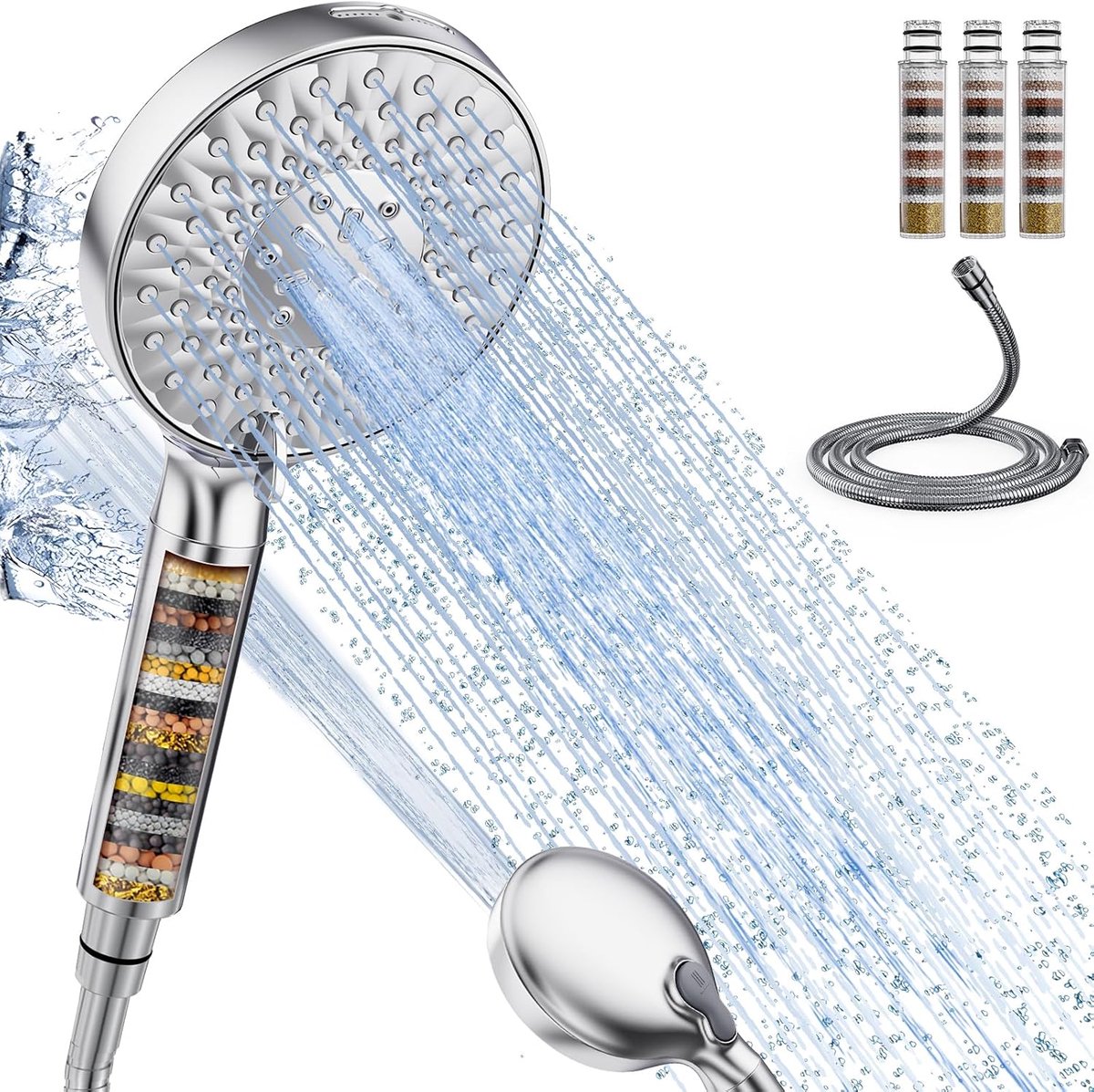 Thijox - Douchekop met filter, 9 straalsoorten, hogedruk handdouche met slang, 4 douchefilters voor hard water, restchloor, zware metalen en bacteriën