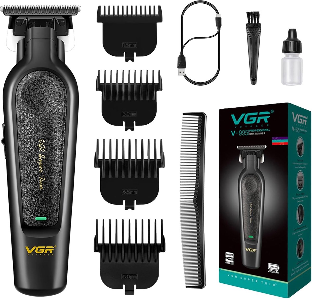 SnelShoppen - Professionele Haartondeuse voor Mannen, Draadloze Baardtrimmer met 4 Opzetkammen, USB Oplaadbaar, Zero Gapped Barber Edger voor Perfecte