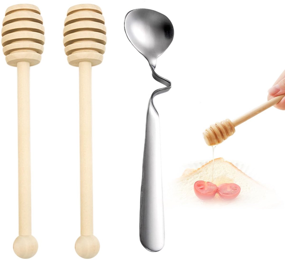 Dailygoods- Honinglepel 16 cm - Houten Honinglepel - Roerlepel Roestvrij Staal - Keukenaccessoire - 2 Stuks - Milieuvriendelijk Lotushout - Honingstaaf