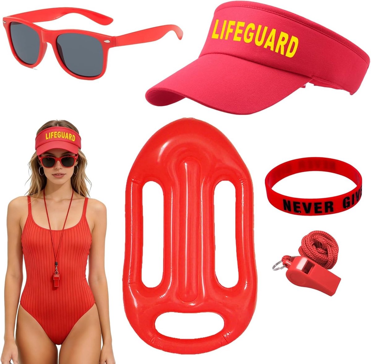 Rood zwemkostuum accessoires set voor reddingszwemmers met zwemhoed, zonnebril en fluit, ideaal voor strand en carnaval