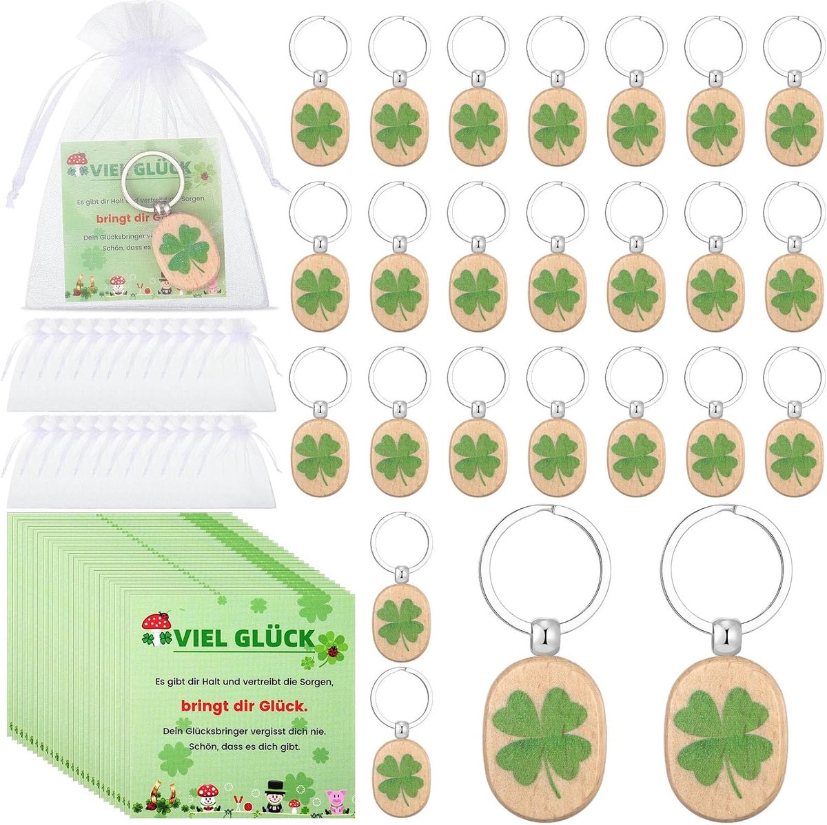 Thijox - 24-delige cadeauset met houten klavervorm sleutelhangers, wenskaart en organzazakjes voor vrouwen, bruiden, collega's, perfect voor feest, ve