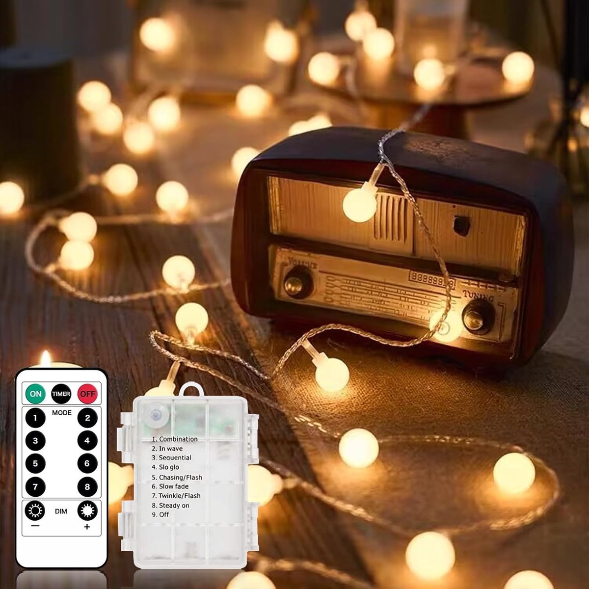Thijox - Liyade Globe Lichtsnoer 9m met 60 LED's - Waterdichte Kerstverlichting voor Binnen en Buiten - Afstandsbediening, 8 Modi, Warmwit - Perfect v