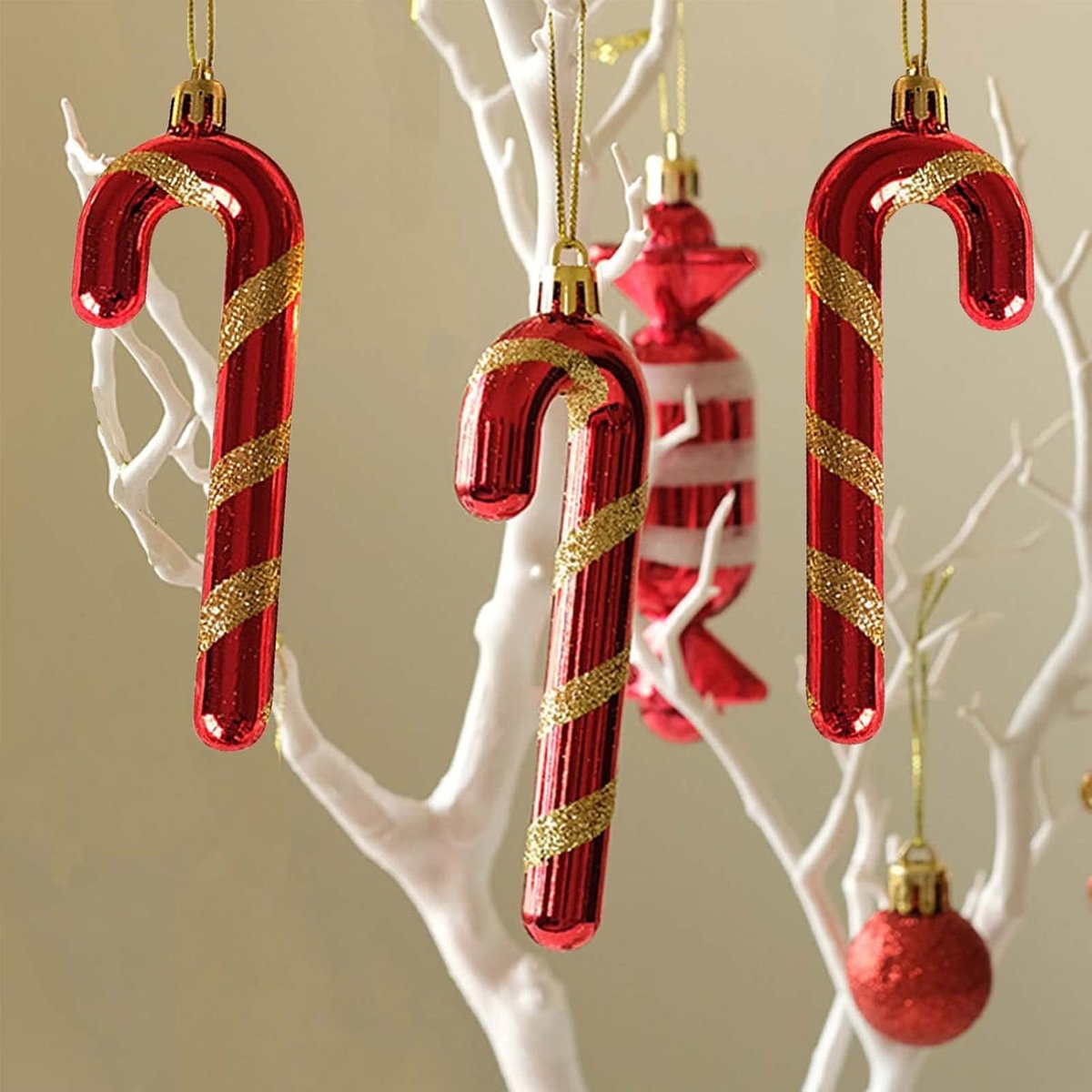 Thijox - 12 Stuks Kerstboomversiering Zuurstokken Hangers - Goud-Rood Suikerspin Ornamenten voor Feestdagen en Kerstdecoratie