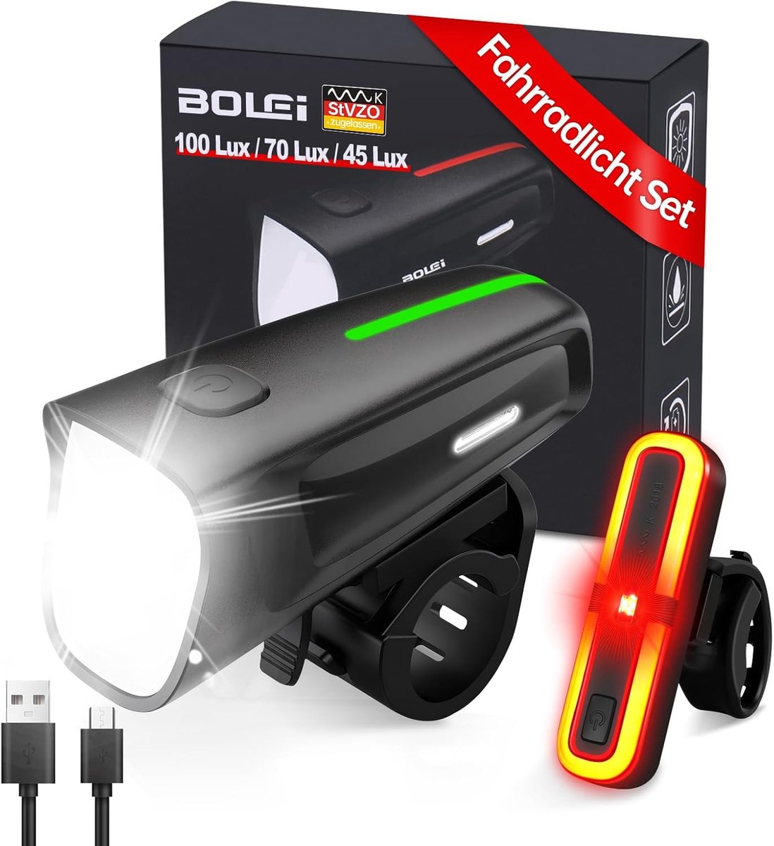 SnelShoppen - LED Fietsverlichting Set 100 LUX | StVZO Goedgekeurd Fietslicht | Oplaadbare USB Fietslampen | IPX5 Waterdichte Verlichting | Batterij I