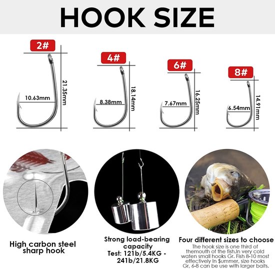 SnelShoppen - Carp Fishing Hair Rigs 20 Stuks - Curved Carp Hooks met Boilie Rig en Plugs - Maten 2, 4, 6, 8 - Hoogwaardige Carbon Staal van Snelshoppen — afbeelding 5