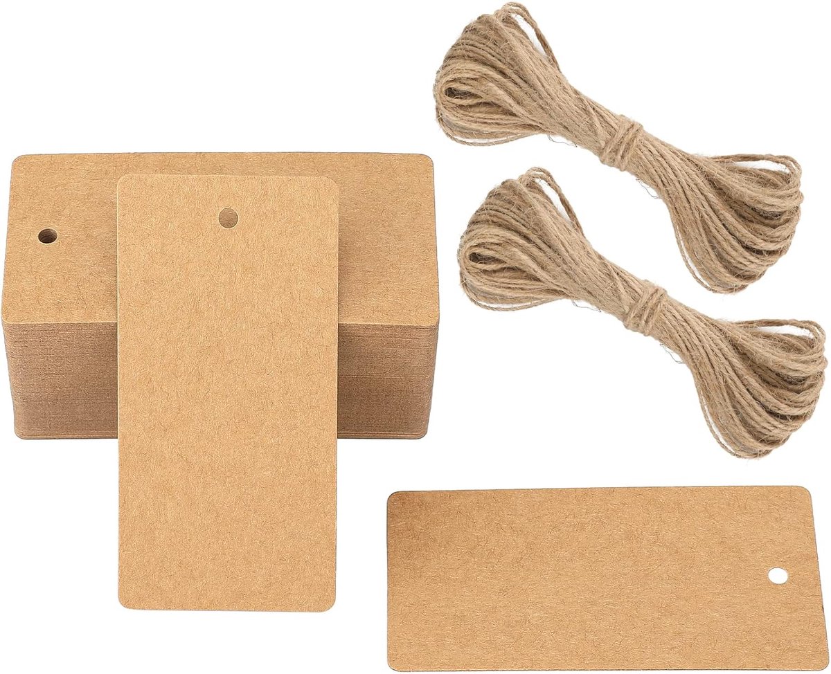 SnelShoppen - 100 Stuks Grote Kraft Papier Labels 300gsm 4.5 x 9 cm Cadeau Tags met Jute Touw voor Feesten, Verjaardagen, Bruiloften en Creatieve Proj