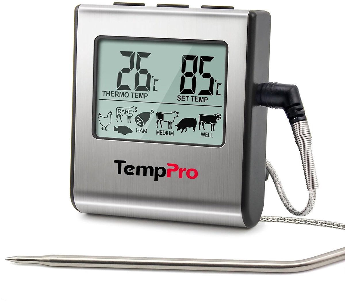 SnelShoppen - ThermoPro TP16 Digitale Vlees Thermometer met Roestvrijstalen Sonde, LCD-display, Timer tot 23u59m voor BBQ, Oven, Keuken en Smoker, Zil