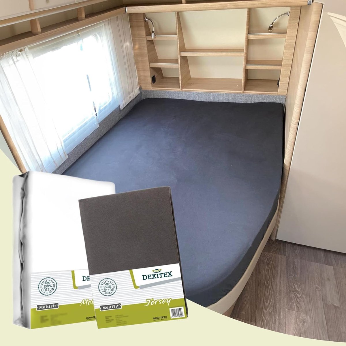 Thijox - Frans Bed 2 delig - Hoeslaken Antraciet + Molton Matrasbeschermer rechts (125-155cm x 200cm) - Oeko-TEX 100% Katoen - Perfect voor Caravan, C