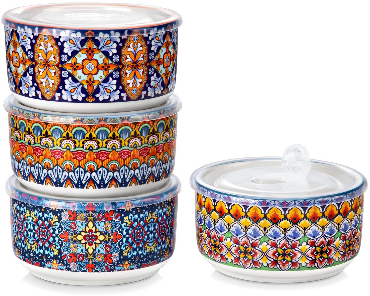 Dailygoods- Opbergkommen 1300ml - Set van 4 - Luchtdichte Deksel - Keramisch - Voedselopslag - Geschikt voor Magnetron