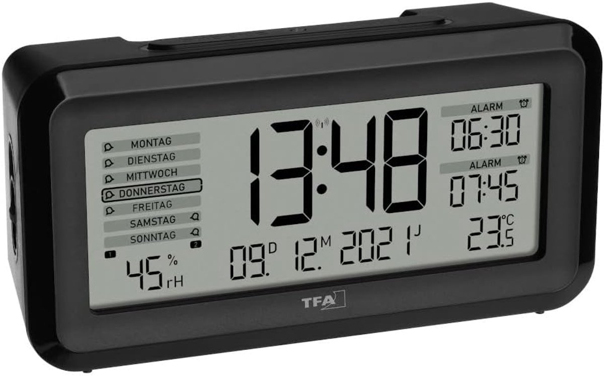 SnelShoppen - Digitale Zendergestuurde Wekker met 2 Wektijden, Binnenklimaatbewaking, Accu, Duitse Display, Zwart, Compact (L138xB52xH72mm)