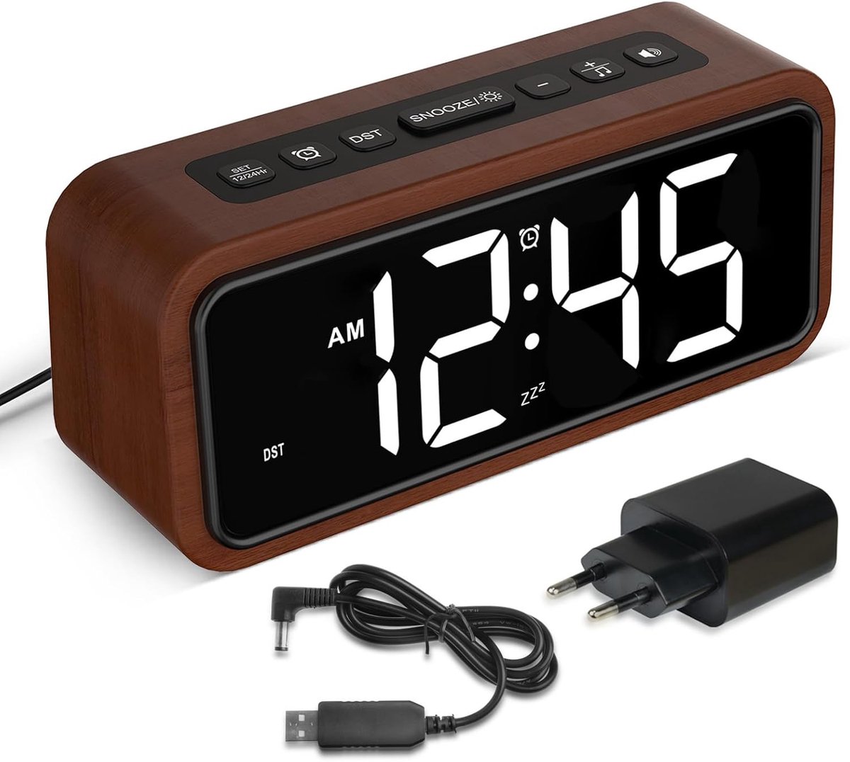 Thijox - Houten Wekker Luid voor Diepe Slaper met LED-Display, 12 Alarmbeltonen, 5 Helderheid en Volume Instellingen, Retro Bruin voor Slaapkamer