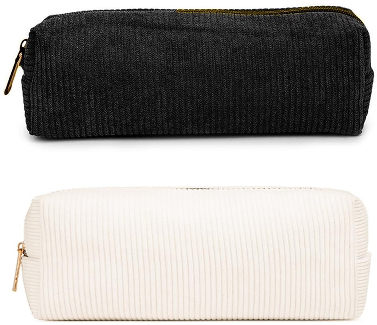Dailygoods- Pennenetui 2 Stuks - Corduroy - 21 x 7 x 6 cm - Zwart/Beige - Grote Capaciteit - Voor School/Kantoor - Etui