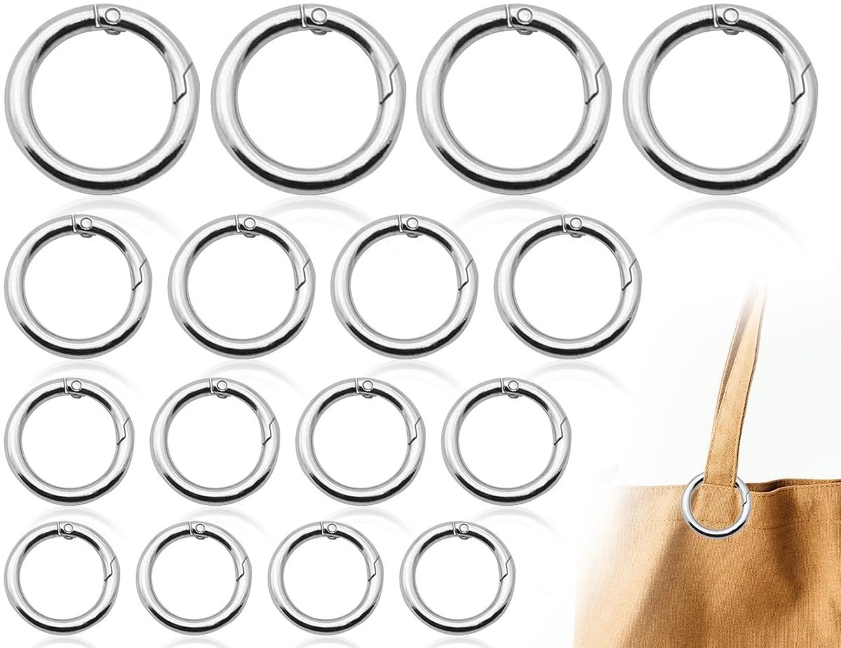 Dailygoods- Sleutelhangers 16 Stuks - Ronde Karabijnhaak - O-Ring - Roestvrij Staal - Binnendiameter 13/17/19/25 mm - Betrouwbare Gadget