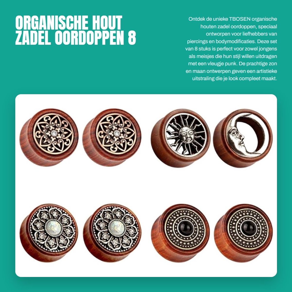 Dailygoods- Oordoppen 8 Stuks - Organisch Hout - Zadel/Oordop - Stretching/Piercings - Maten 8-25 mm - Individuele Geschenkdoos