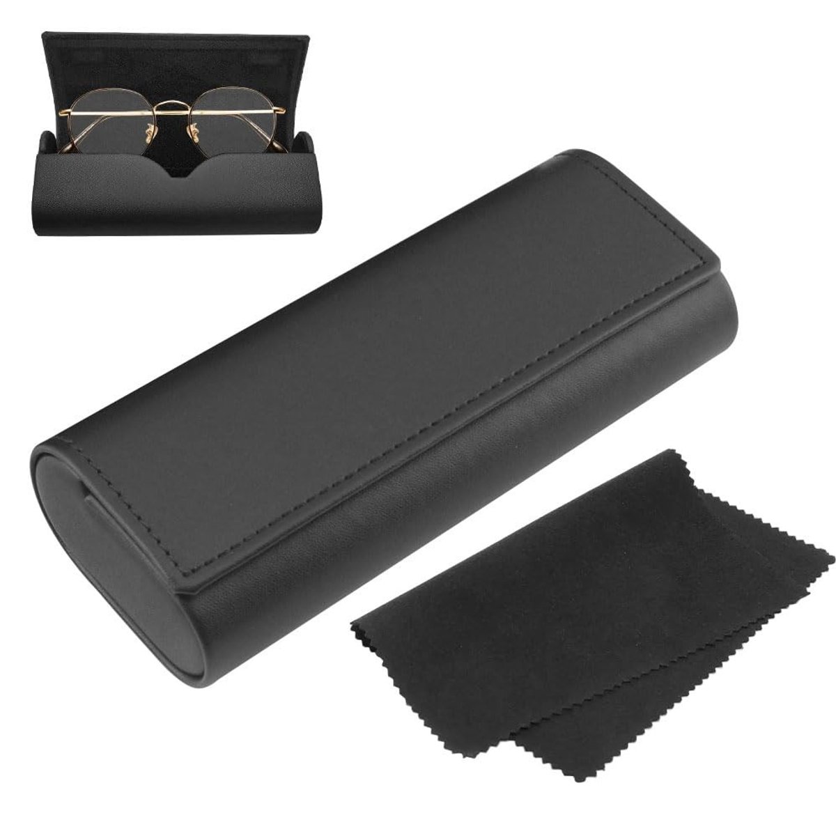Dailygoods- Brillenkoker Hardcase - Zwart PU-leer - Brillenhoes Unisex - Brillen-opbergdoos - Inclusief Microvezeldoek - Afmetingen 16 x 6,5 x 3,5 cm - Brillenetui