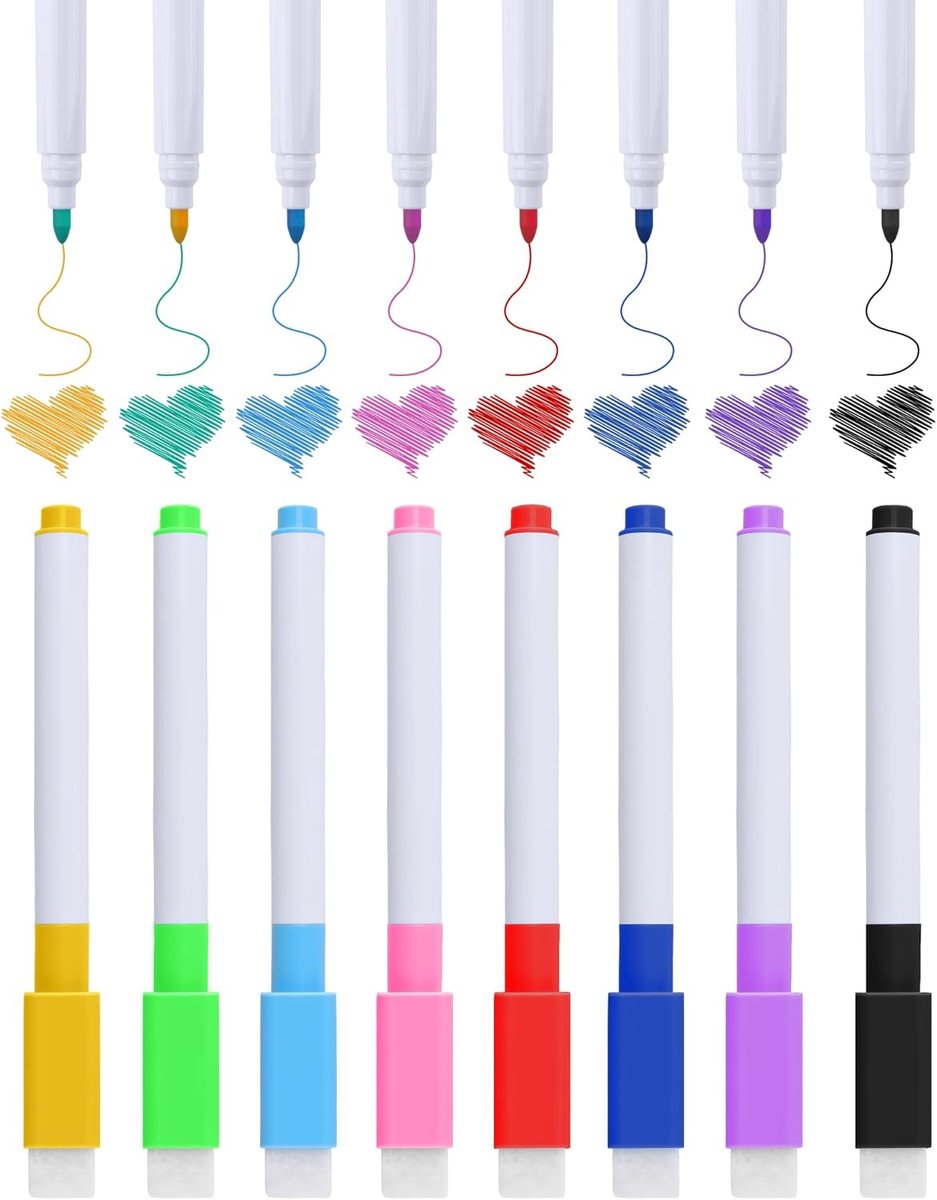 Dailygoods- Whiteboard Stiften Magnetisch 8 Stuks - Fijne Punt (1-2mm) - Wisser op Dop - Droog Uitwisbaar - Compact & Duurzaam - Ideaal voor Kantoor en School - Marker