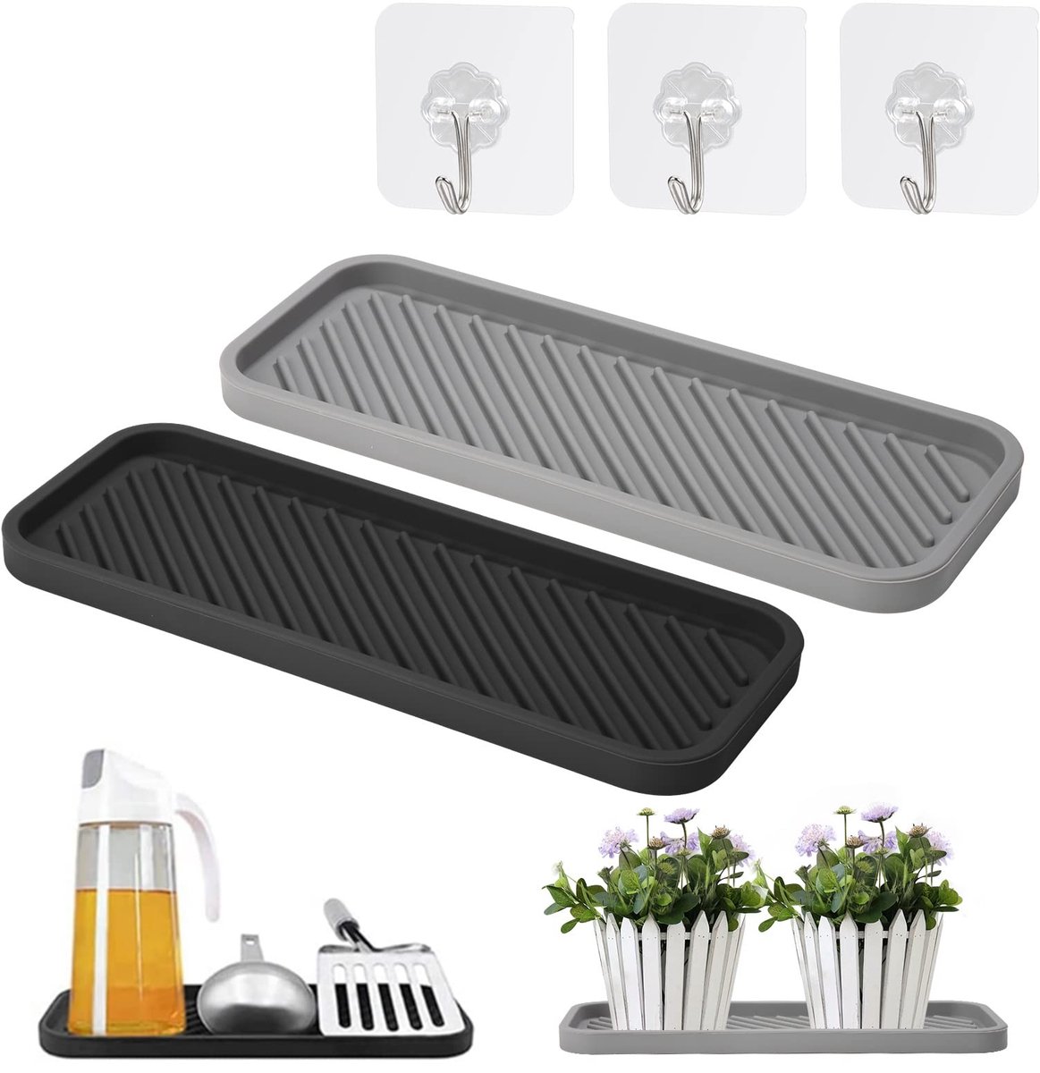 Dailygoods- Spoelbakorganizer met 3 Kleefhaken - Siliconen Sponshouder - Afdruipmat - Antislip - 2 Stuks - Duurzaam en Slijtvast - Afvoermat