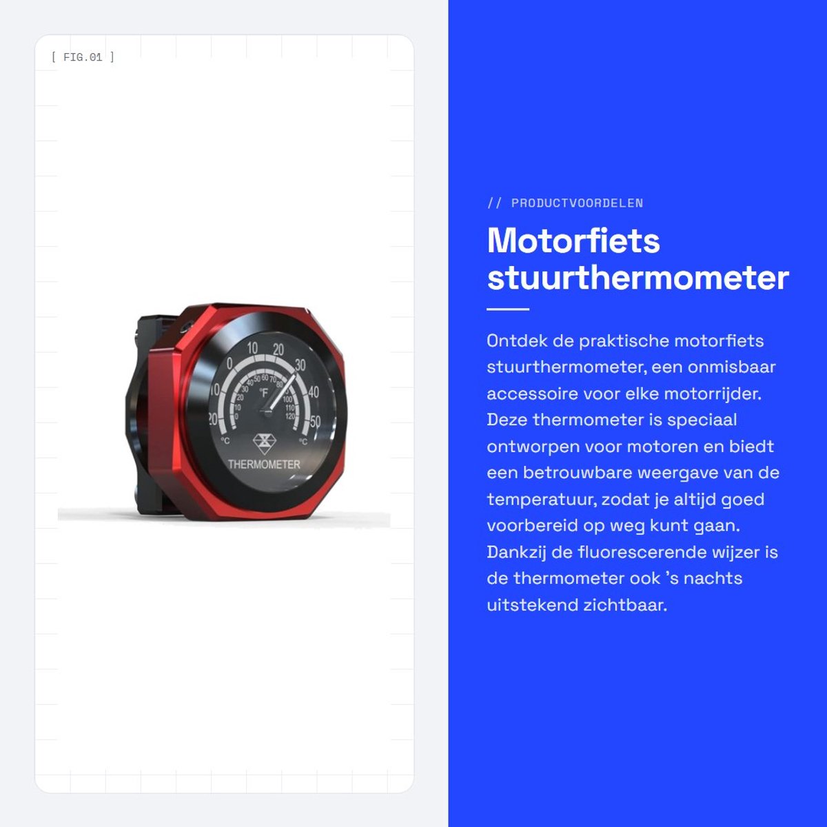 Dailygoods- Stuurthermometer Waterdicht - Aluminiumlegering Temperatuurmeter - Fluorescerende Wijzer - Voor Motorfietsen 22-28 mm - Inclusief Sleutels en Plakband - Motorfiets Thermometer