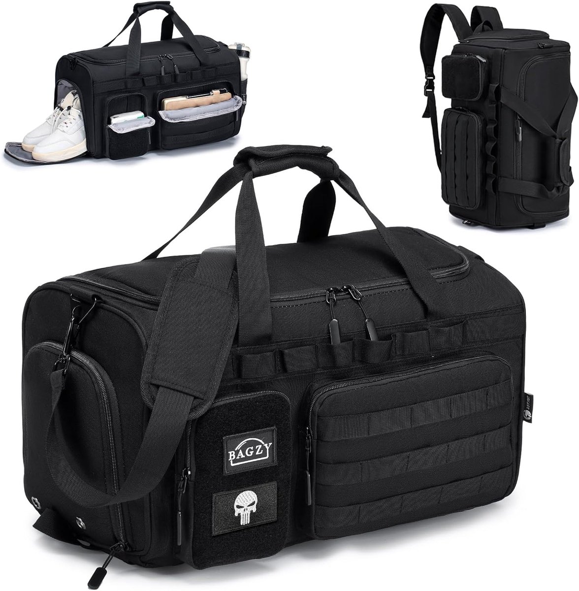 Thijox - Tactische reistas sporttas heren met schoenenvak gymtas rugzak 40L voor werk reizen sport fitness weekender kamperen zwart met tactische toil