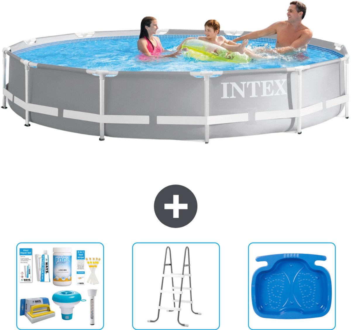 Intex Rond Prism Frame Zwembad - 366 x 76 cm - Grijs - Inclusief Onderhoudspakket - Ladder - Voetenbad - 4-delig
