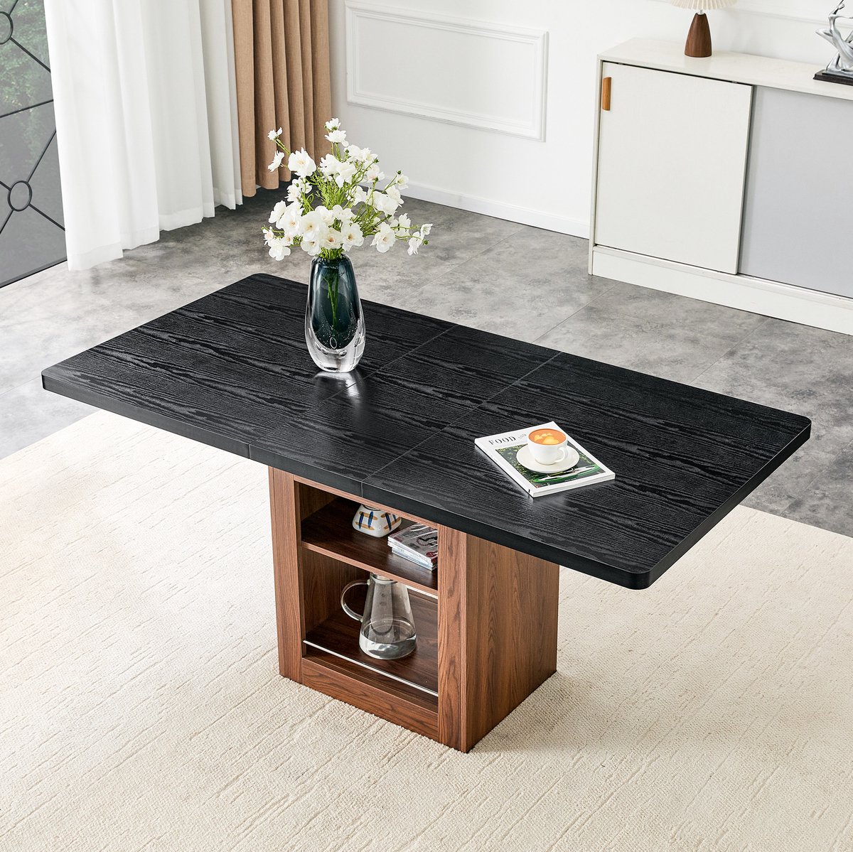 HAUSS SPOLE Eettafel - Uitschuifbaar Met Opbergrek - Voor Eetkamer En Gezinsmaaltijden - MDF In Zwart En Walnootkleur - 160x80x75,5 Cm