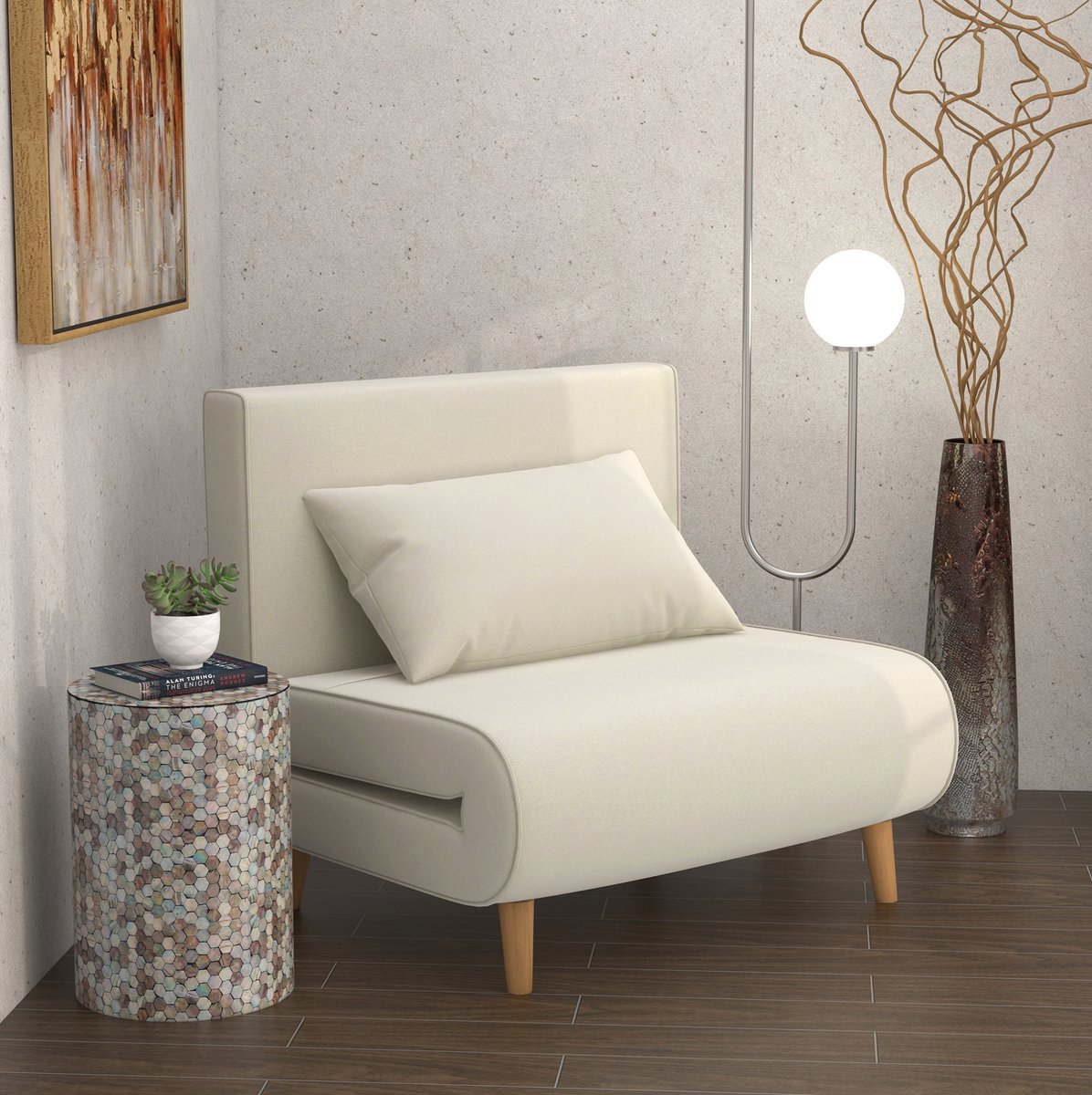 MEUNIQ fauteuil slaapsofa 94 x 78 x 80 cm, 2-in-1 klapsofa met 6-voudig verstelbare rugleuning, eenpersoonsbed 94 x 190 cm, linnenlook stof, Scandinavisch, crème Cream White