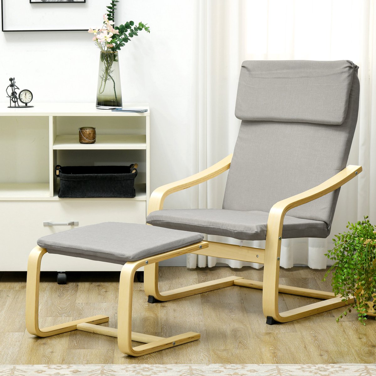MEUNIQ fauteuil met hocker 66,5 x 80 x 99 cm, armleuningen en hoofdsteun, stof met linnenlook, houten frame, loungestoel voor woonkamer of slaapkamer, lichtgrijs