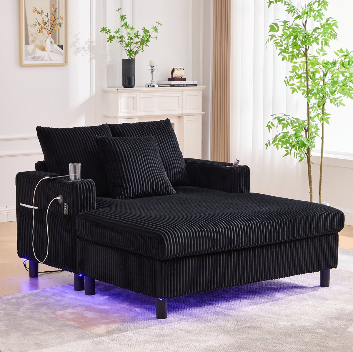 HAUSS SPOLE Fauteuil - Chaise Longue Relaxfauteuil - Met Ledverlichting, Usb Aansluiting En Bekerhouder - Voor Woonkamer En Slaapkamer - Zwarte Stof