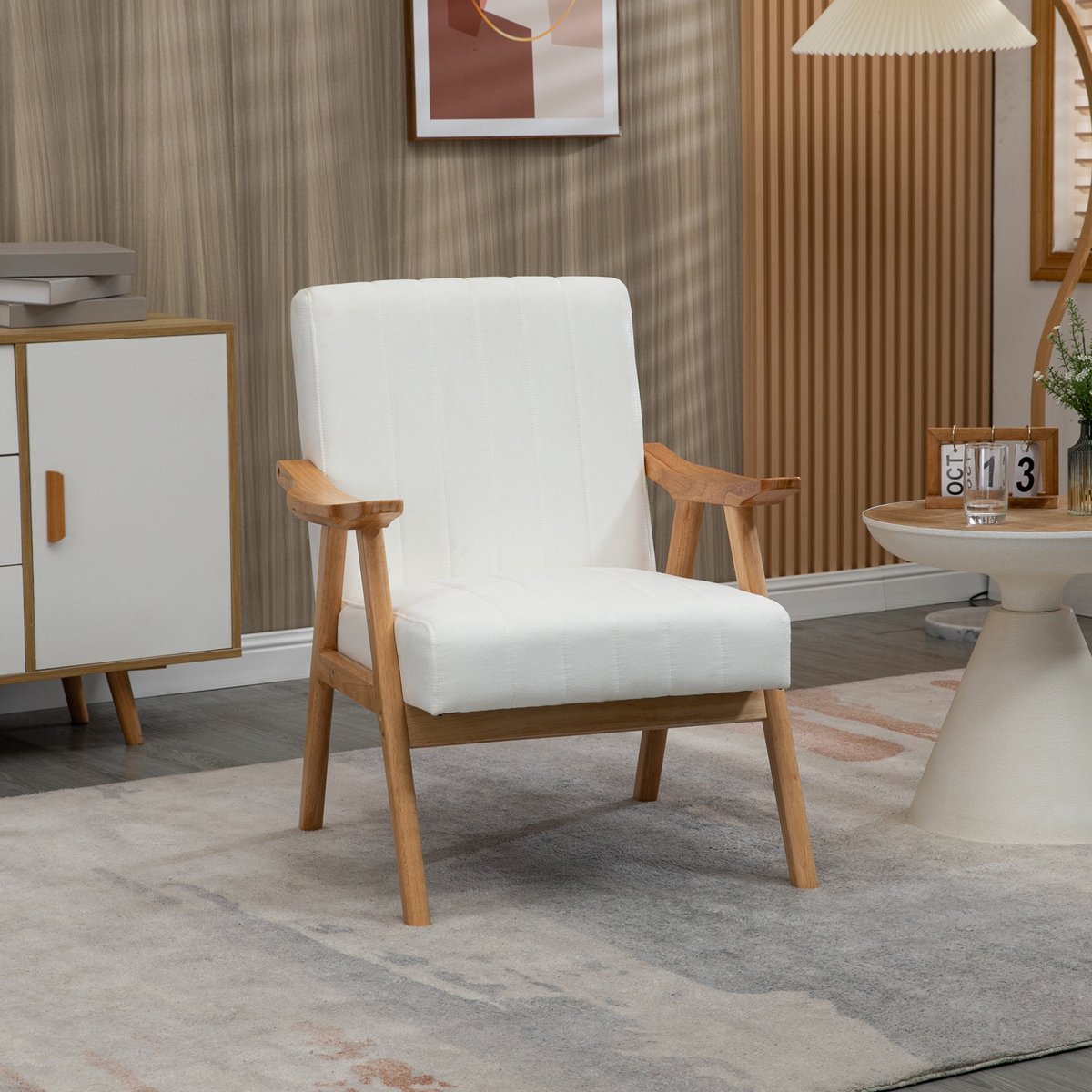 MEUNIQ fauteuil met armleuningen 68 x 74 x 82 cm in Skandi-design, crème, velvetlook loungestoel met houten frame voor woonkamer of slaapkamer