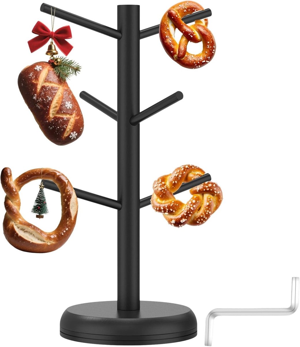 Draaibare houten pretzelstandaard met 6 filialen, koffiekopjeshouder en stabiele basis voor bar en keuken, ideaal voor worst en accessoires