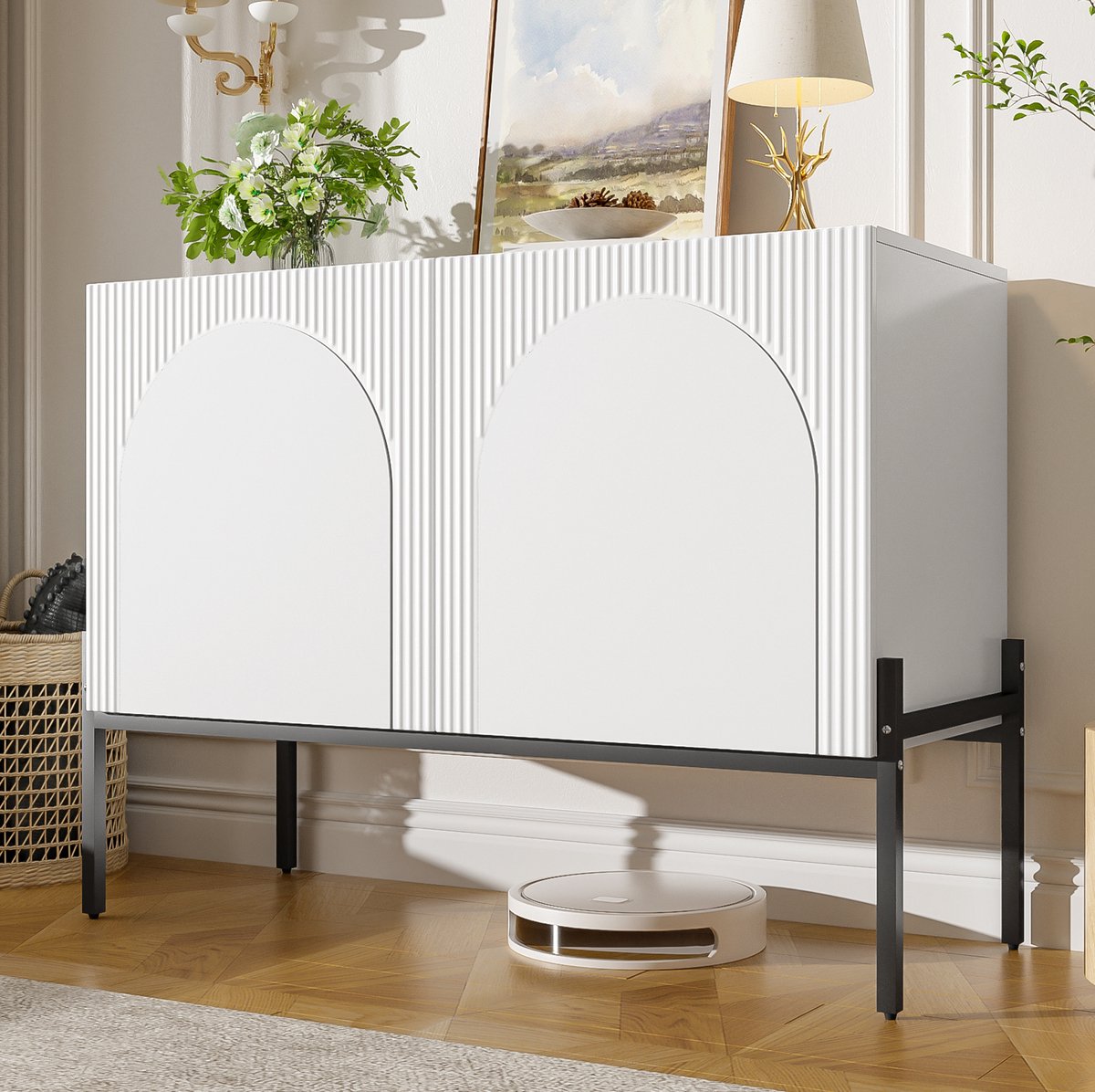 Wishdor - Dressoir - 2 deuren - gesloten opbergkast met metalen poten - modern minimalistisch - voor woonkamer en eetkamer - bewerkt hout - wit - 100 x 40 x 75 cm