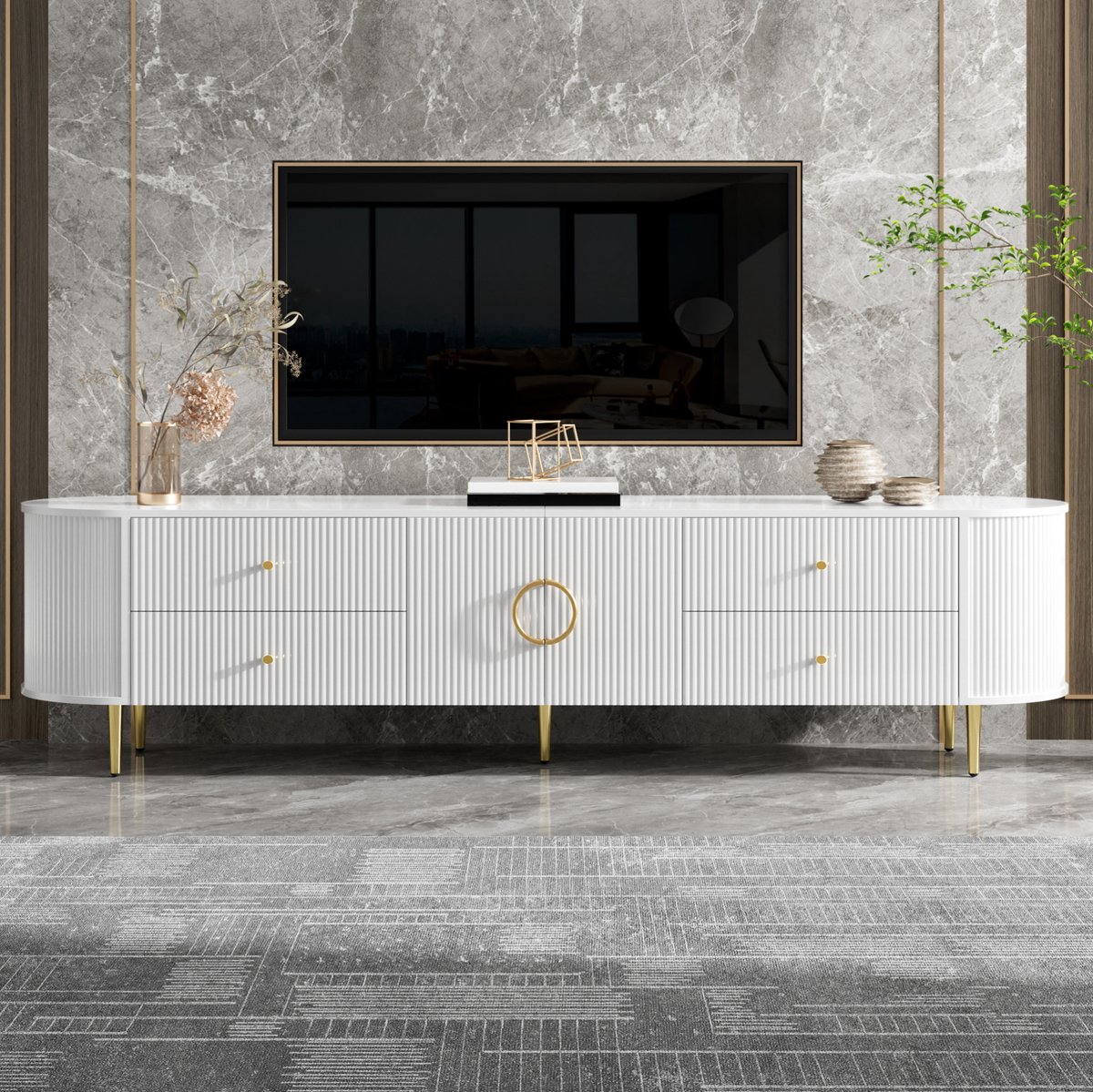 Wishdor TV-kast - 3D golfstructuur - lades en dubbele deuren - modern design - woonkamer - houtlook - wit - 180 x 40 x 38 cm