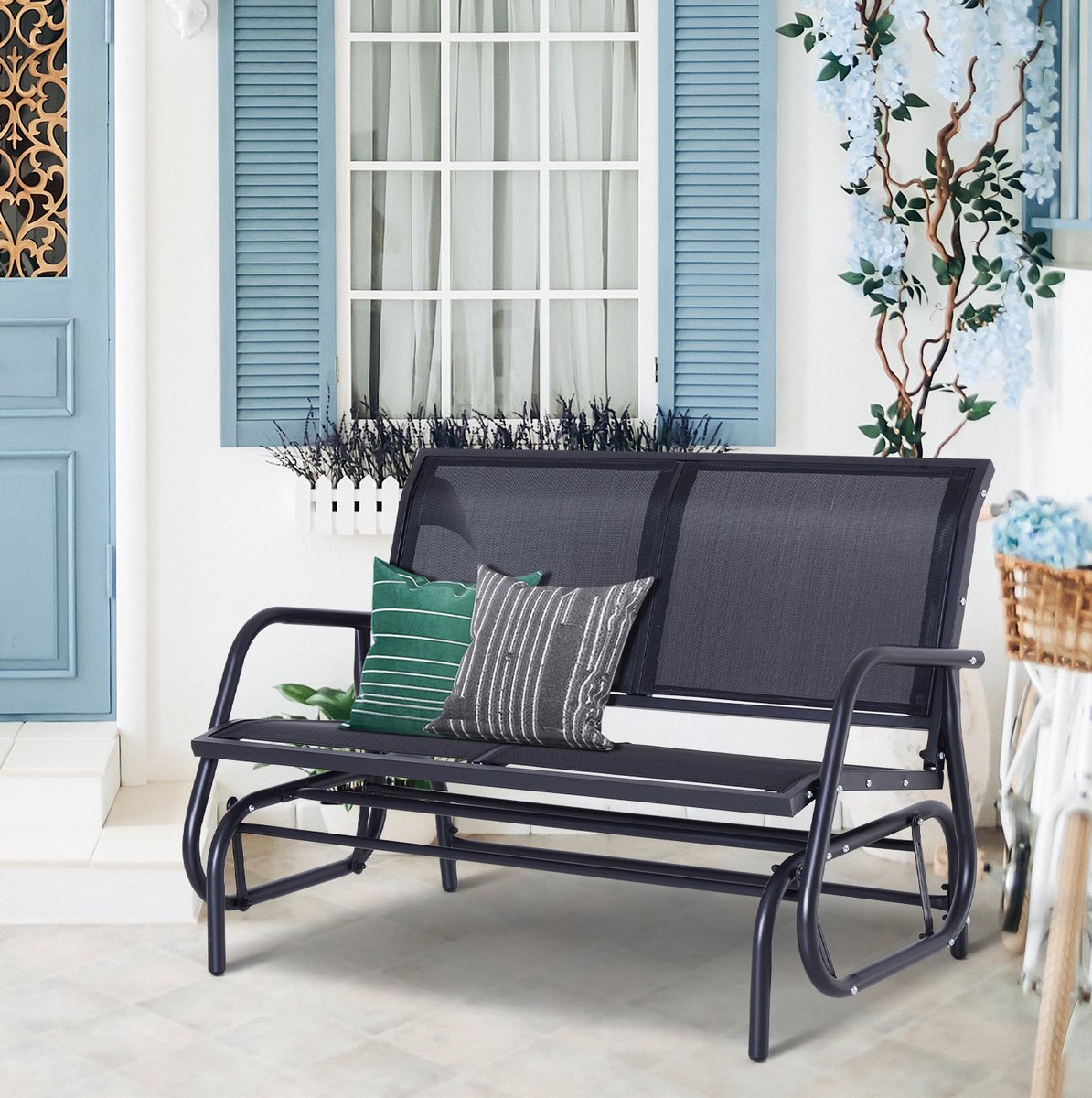MEUNIQ 2-zits schommelbank met metalen frame en netstof zitting en rugleuning, tuinbank met schommelfunctie en armleuningen voor tuin of terras, zwart 120 x 70 x 85 cm