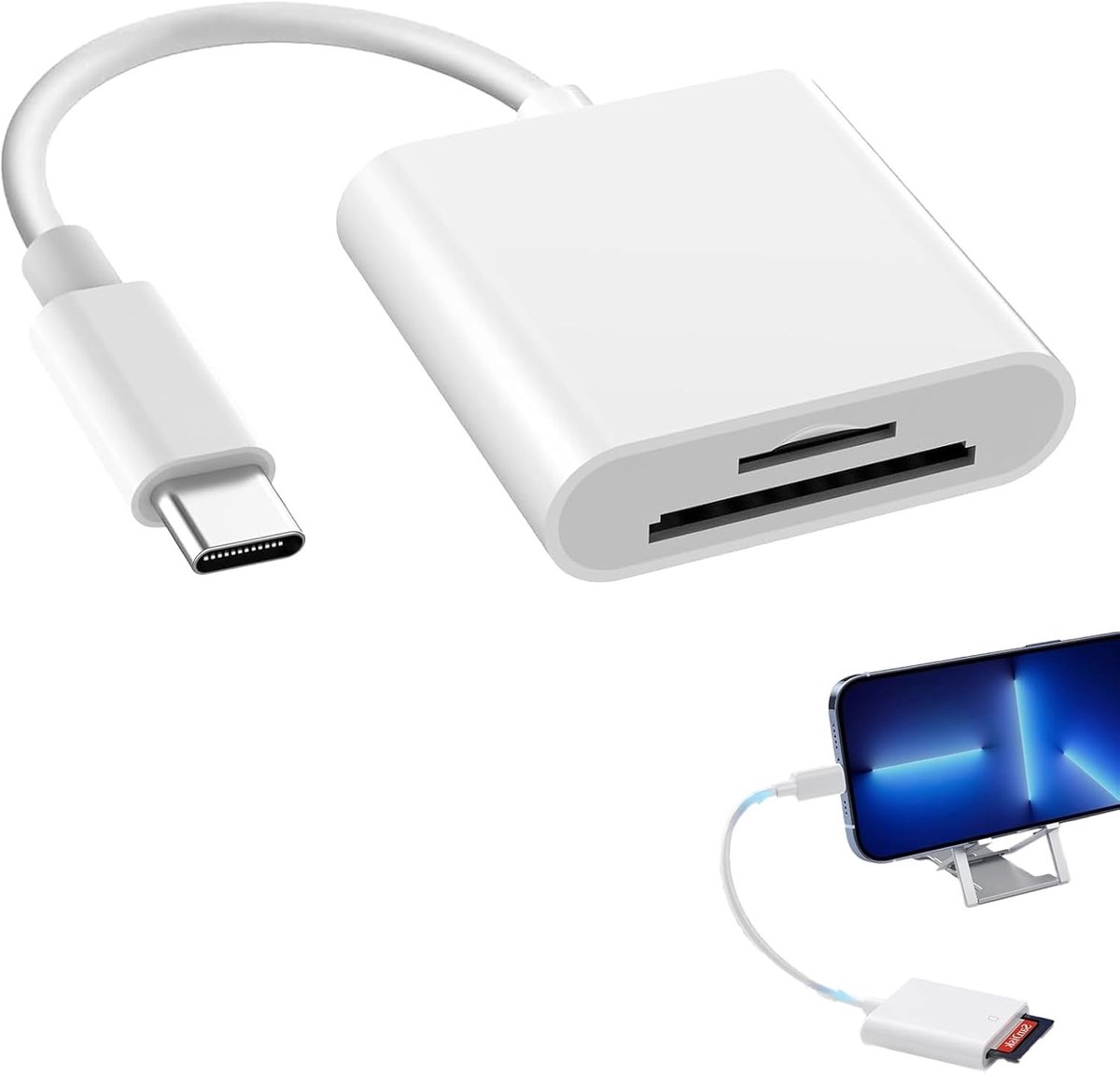 SD Kaartlezer USB C voor iPhone 15/16, iPad, MacBook en Camera - Type C SD/Micro SD Adapter, Plug and Play, Compatibel met Samsung Galaxy S24/S23 en Xiaomi