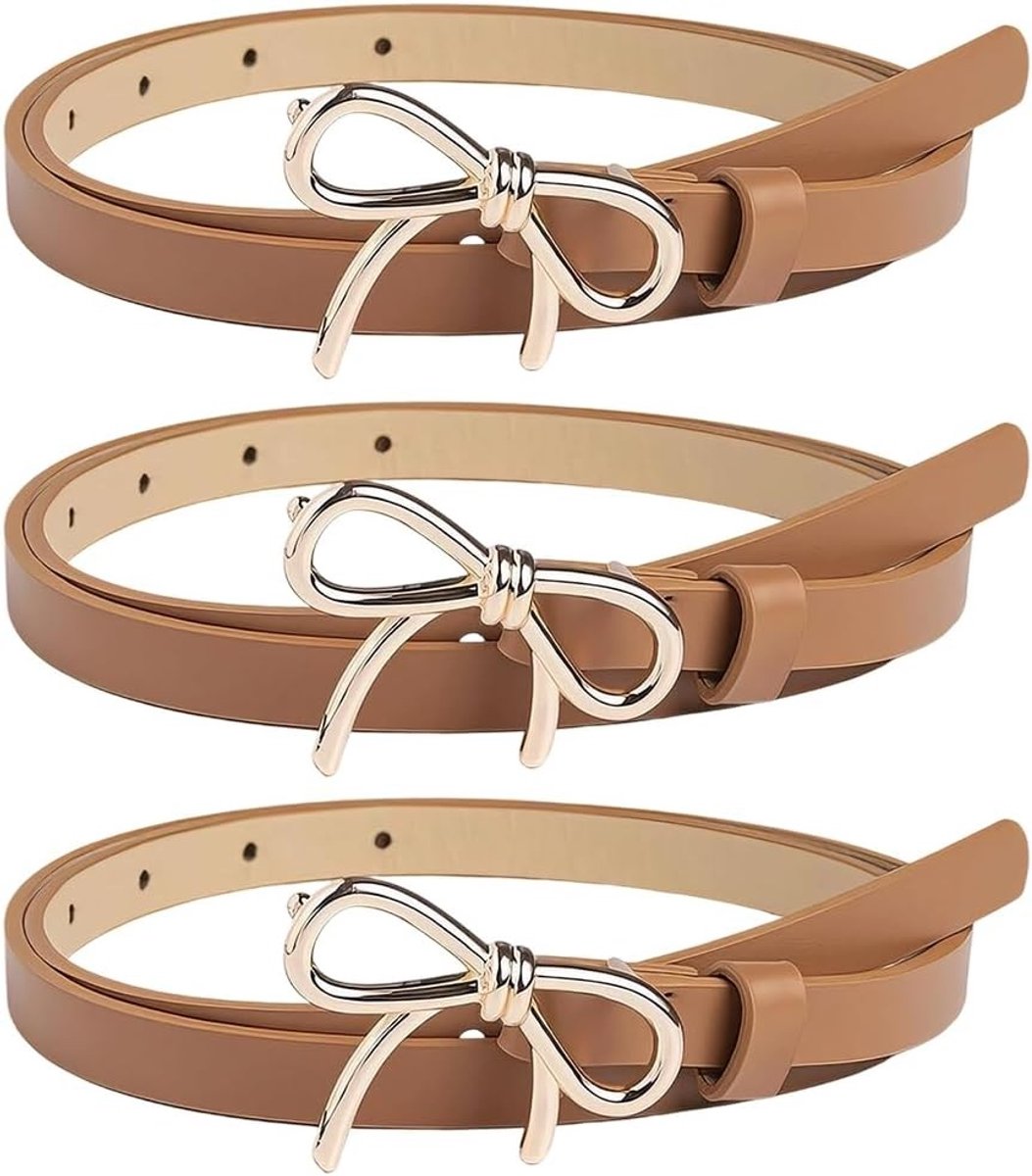 Driedelige verstelbare PU leren riem met strikjes en knoopsluiting voor dames - dunne tailleband voor jurken, jeans en broeken, vintage gouden afwerking, 13 mm breed
