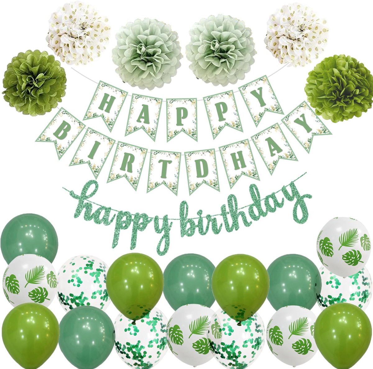 Eucalyptus, salie, voor verjaardagsfeest, kinderverjaardag, slinger, ballonnen, 6 pompons, groen, wit