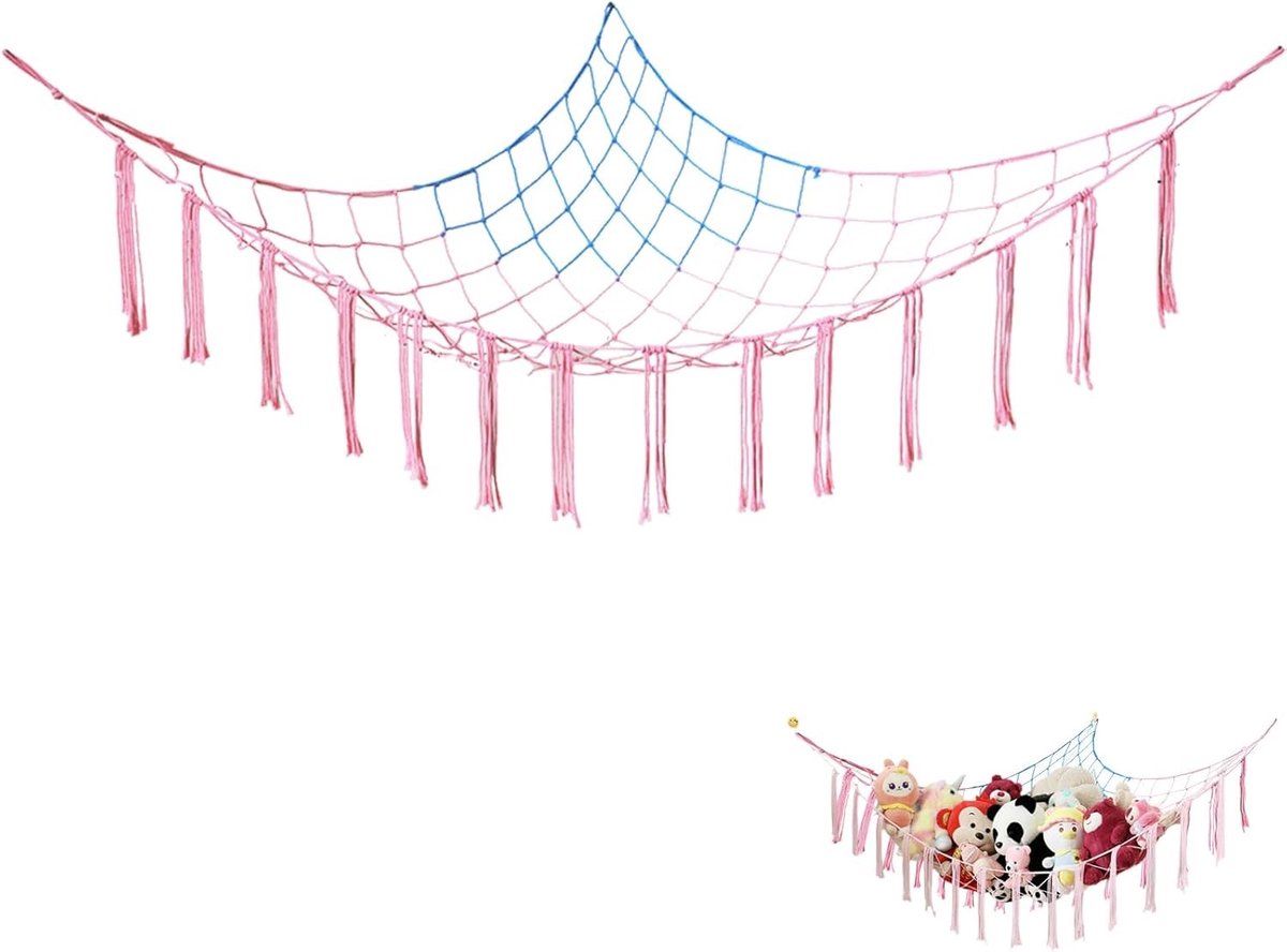 Kleurvolle Speelgoed Hangmat voor Knuffeldieren – Opbergnet voor Kinderkamer Decoratie, Versterkt Net voor Knuffels – 105x105x145cm met 3 Ophanghaken
