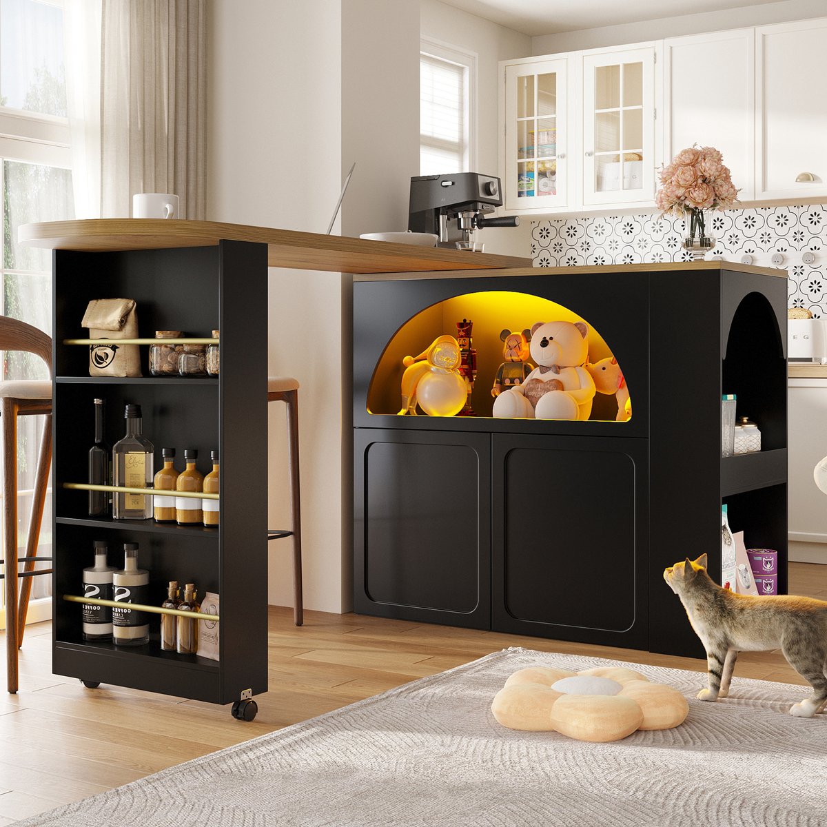 DESMIU Bartafel - Uitschuifbaar Met Led, Usb En Opbergruimte - Mobiel Voor Keuken En Woonkamer - MDF - 135-205x39x100 Cm - Zwart