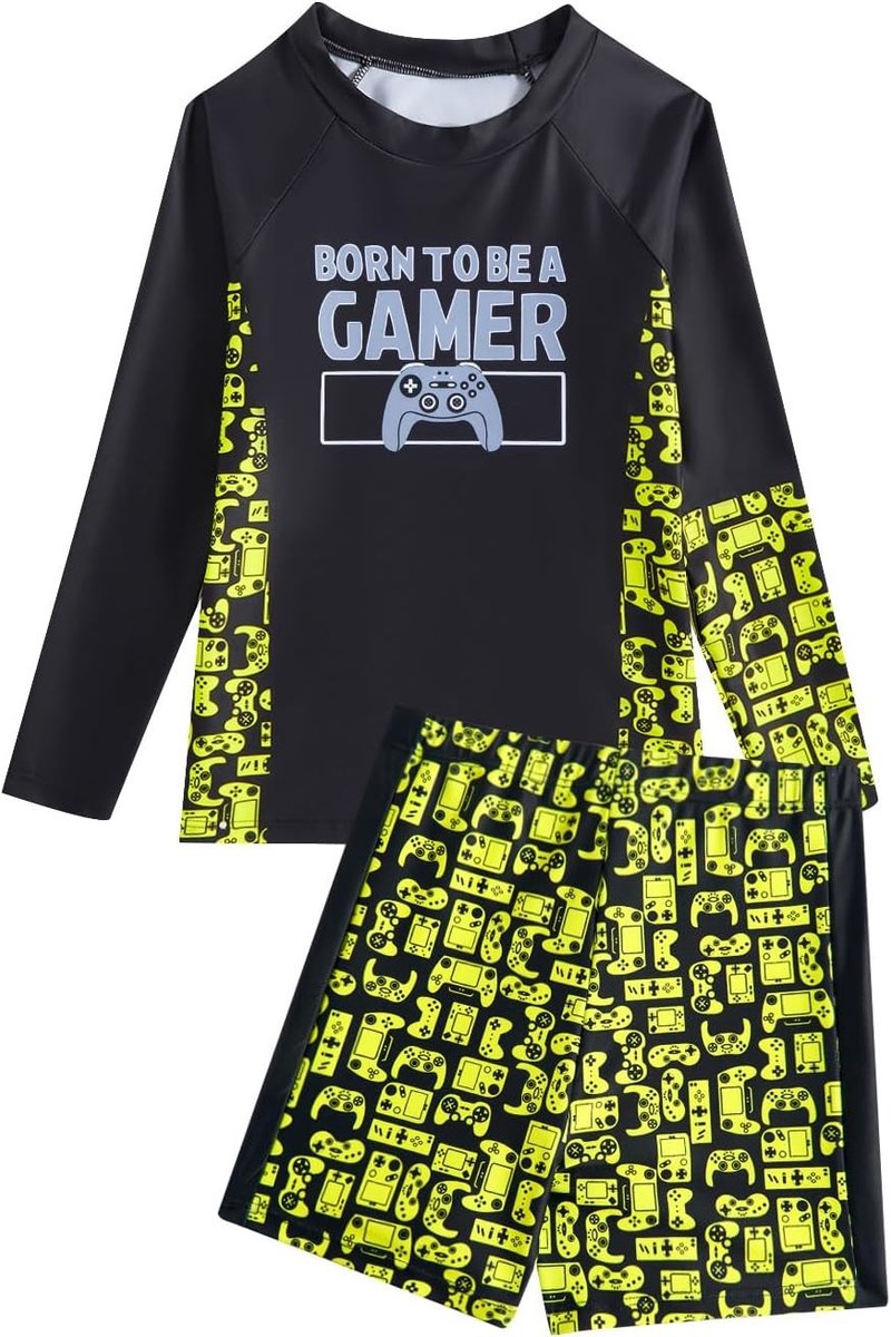 2-delig jongens zwemset, gaming zwemkostuum met lange mouwen, UV-werende rashguard en zwemshorts, geschikt voor jongens van 5-14 jaar