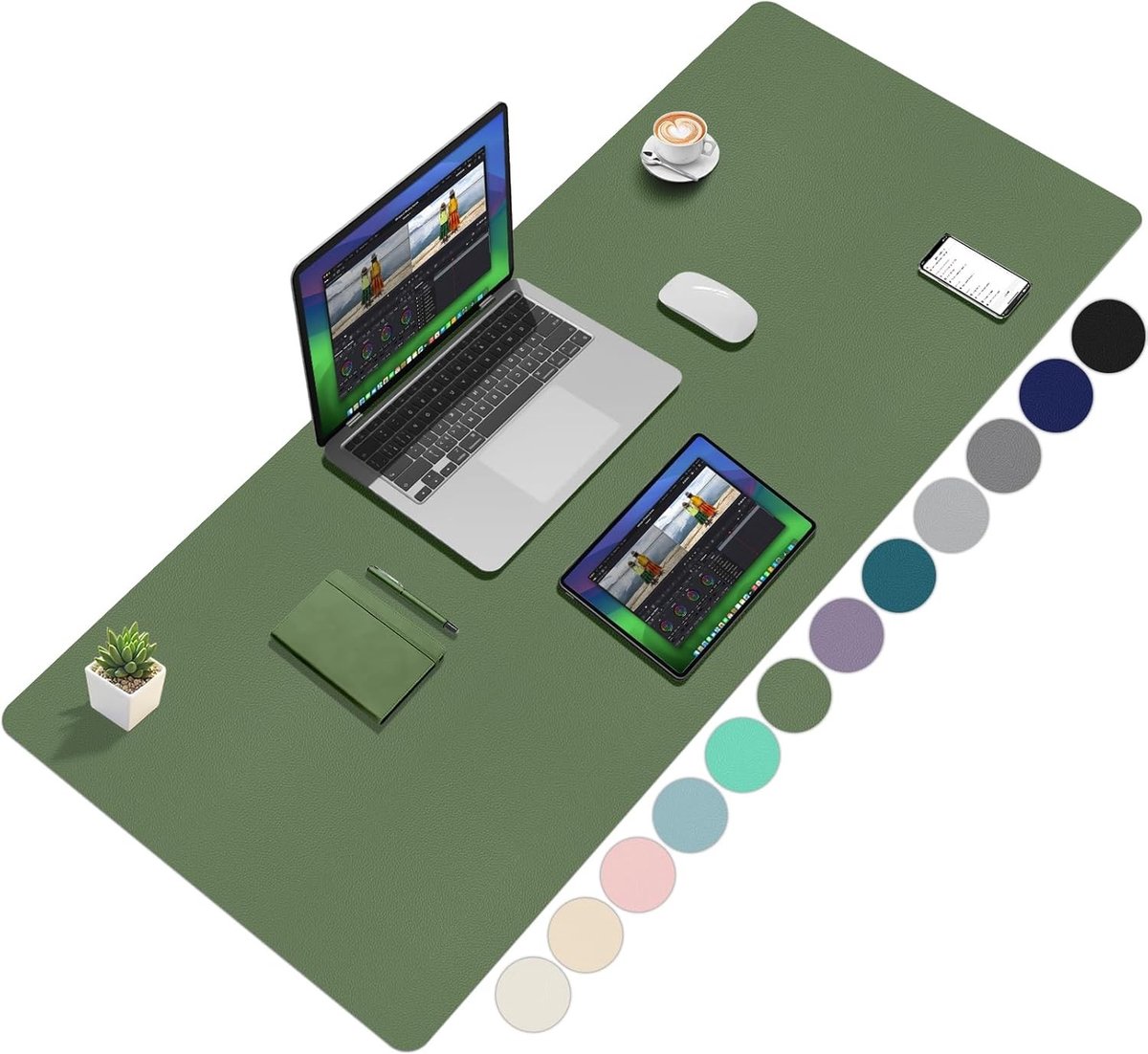 Stijlvol bureauonderlegger in olijfgroen, 120 x 60 cm, perfect voor kantoor en thuisgebruik