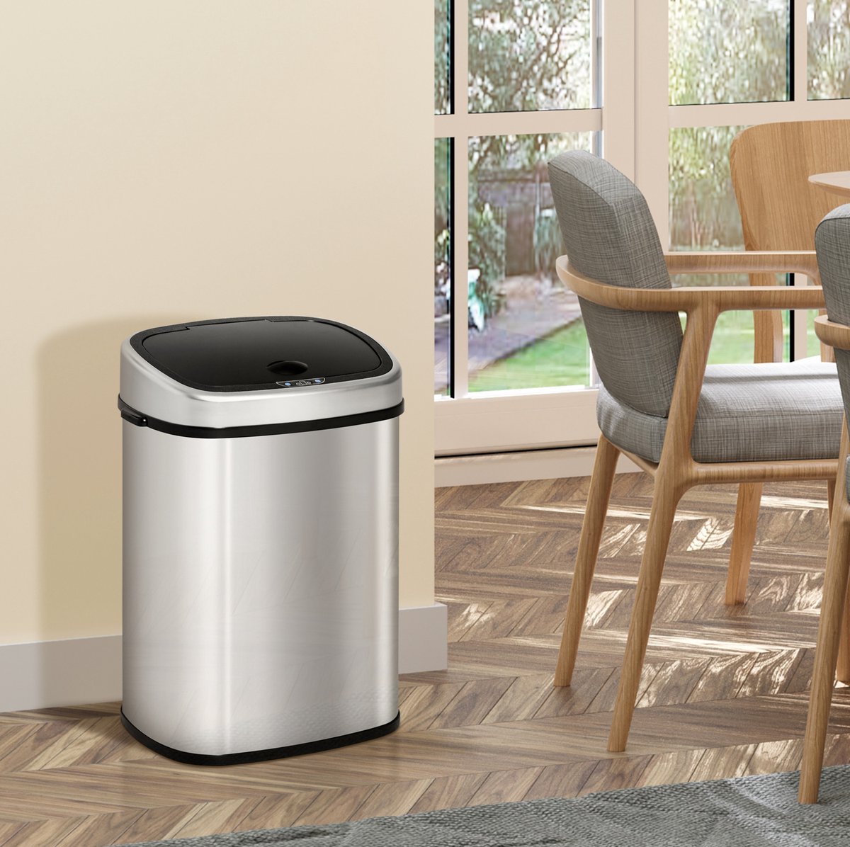 MEUNIQ sensorprullenbak 58 L met infraroodsensor en deksel, automatische afvalemmer van roestvrij staal en ABS, 40,9 x 28,9 x 68 cm, zilver