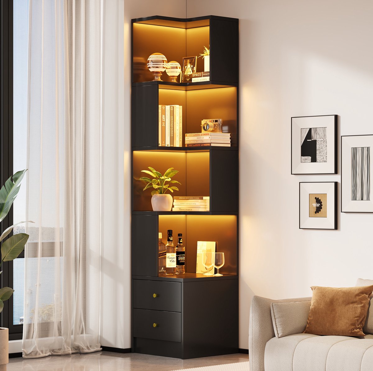 MIVRAY Boekenkast - L-Vormige Hoekkast Met Appgestuurde LED-Verlichting En 2 Laden - Voor Woonkamer Of Werkkamer - MDF - Zwart - 45x43,5x180 Cm