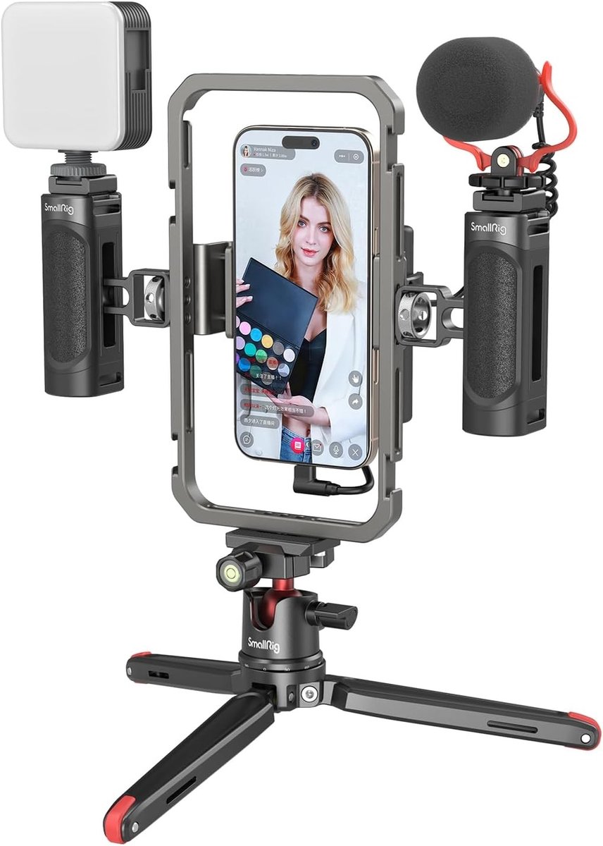 Universele Video Rig Kit voor Smartphones en Camera's - Stabilizer met Statief, Microfoon, LED Licht en Handgreep voor Vloggen en Live Streaming - Ideaal voor Creatieve Content Creatie