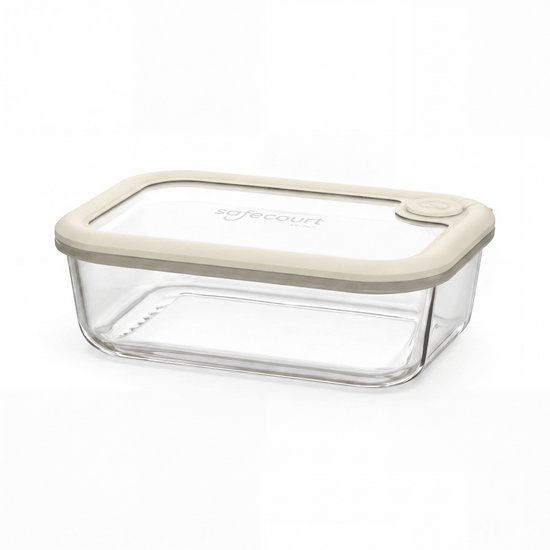 Boîte de conservation rectangulaire en verre avec couvercle beige, portant le logo 'safecourt'.
