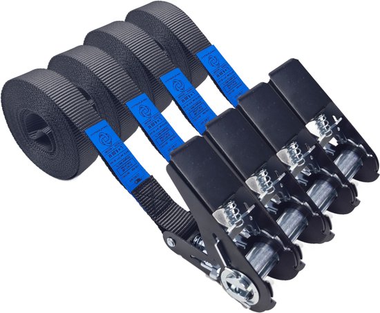 Vier zwarte spanbanden met blauwe labels en metalen ratels, op witte achtergrond.