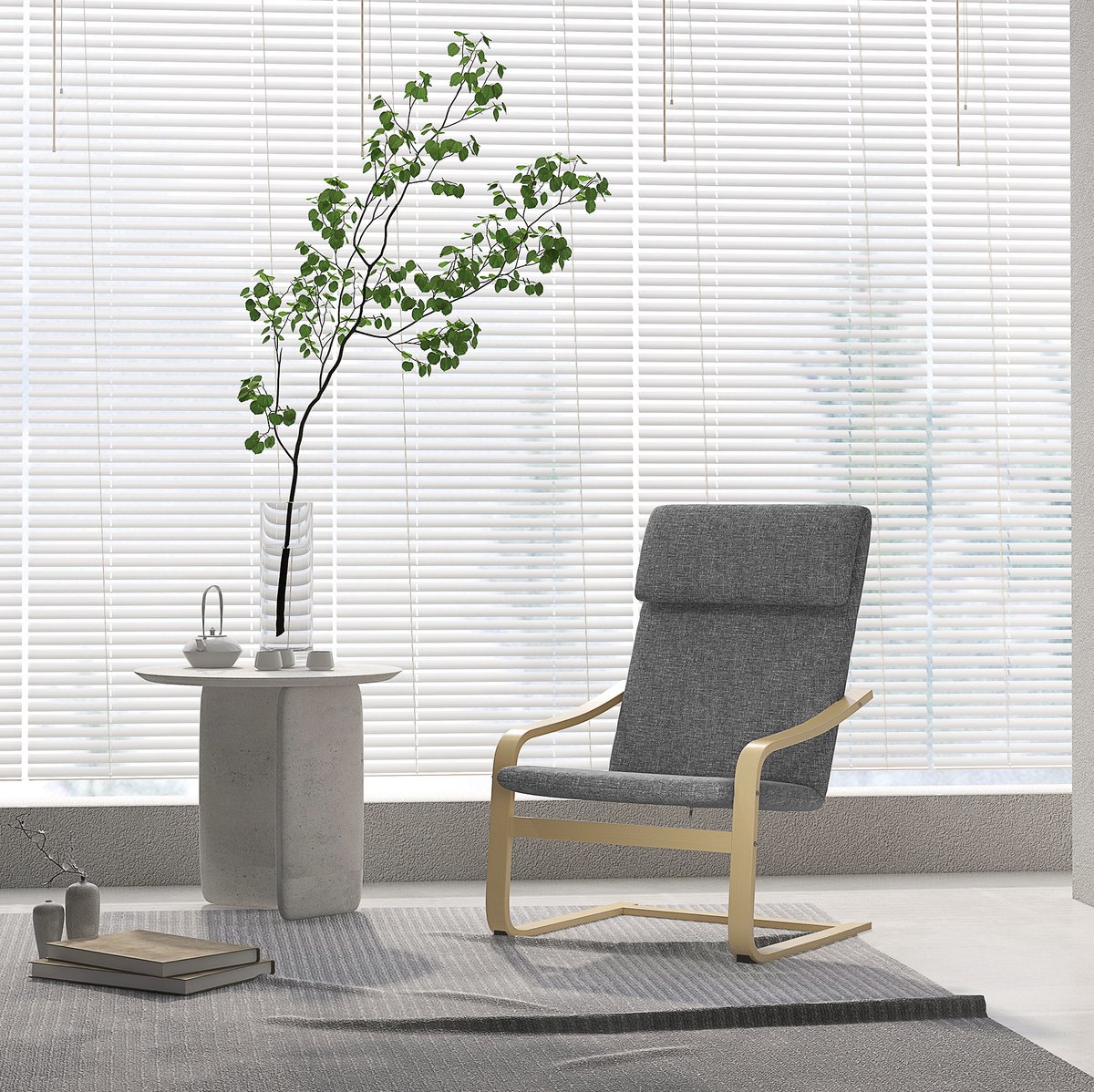 MEUNIQ relaxfauteuil schommelstoel met hoofdsteun en armleuningen, 66,5 x 80 x 99 cm, stoffen zitting met houten onderstel voor woonkamer of slaapkamer, donkergrijs